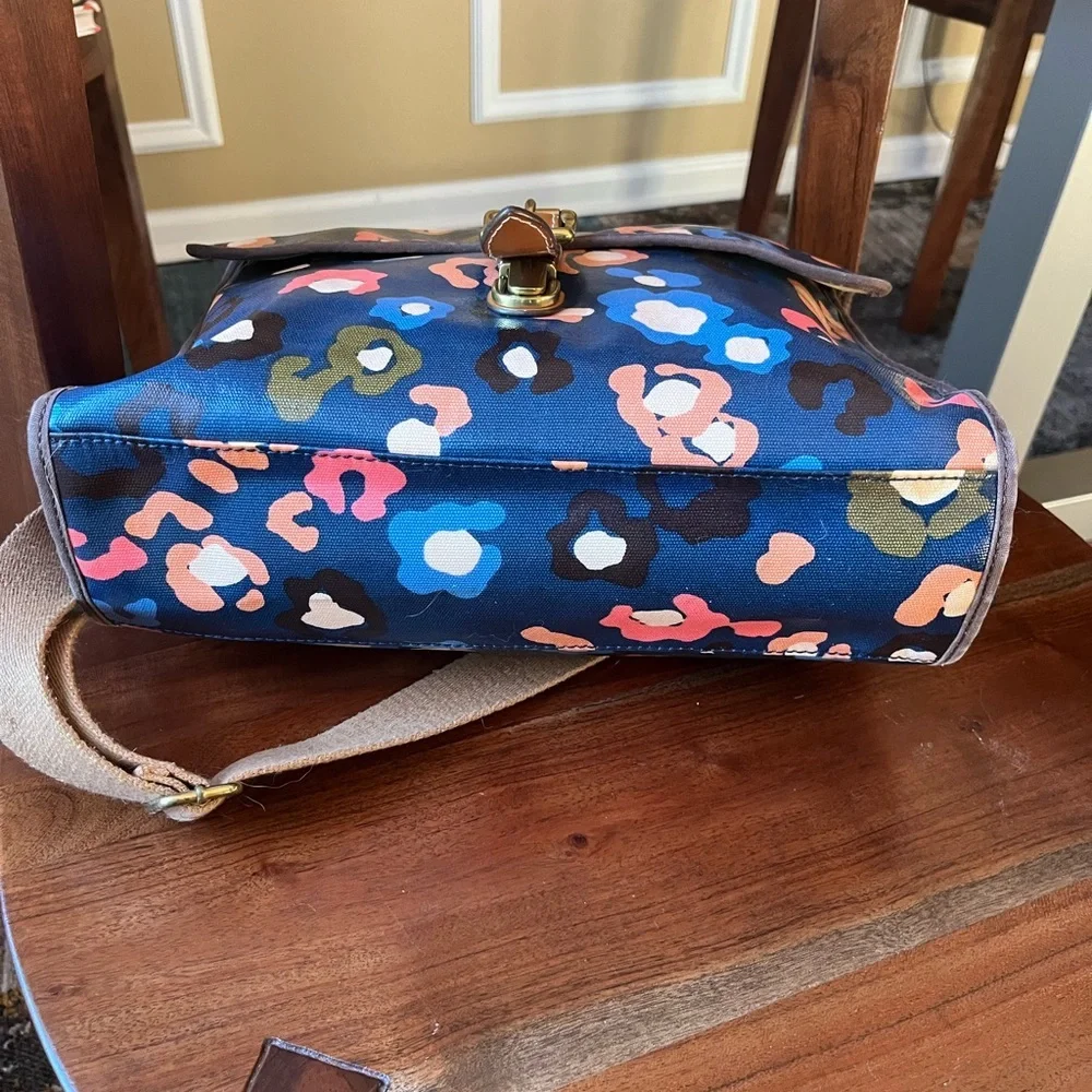 Fossil Navy Blue Floral Print Coated Canvas Crossbody Laptop Tote Bag